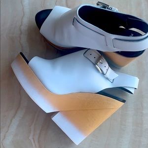 Peep toe white leather wedges